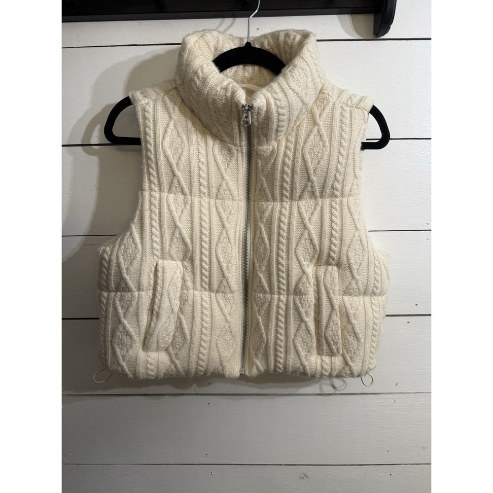Hollister Sweater-Knit Mini Puffer Vest Women's S Cream Cable Knit Zip Small